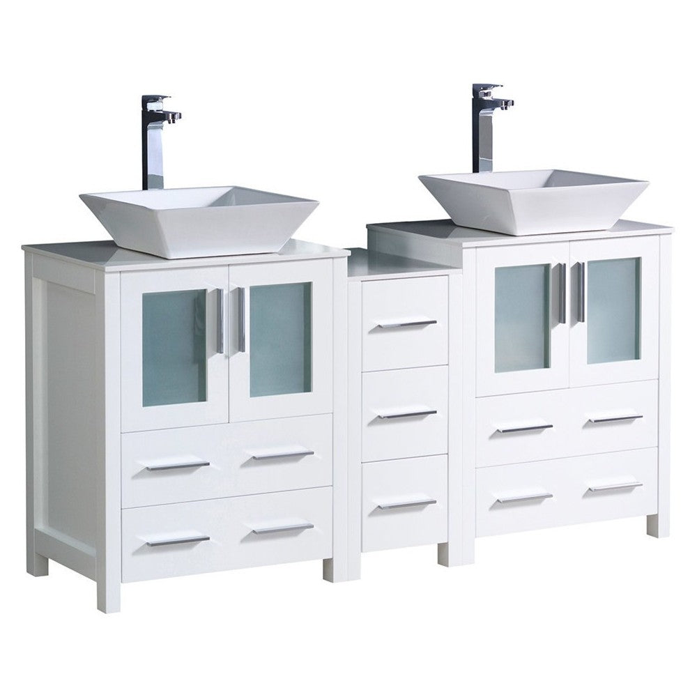 Torino 60" White Modern Double Sink Bathroom Cabinets w/ Tops & Vessel Sinks