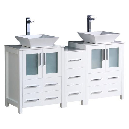 Torino 60" White Modern Double Sink Bathroom Cabinets w/ Tops & Vessel Sinks