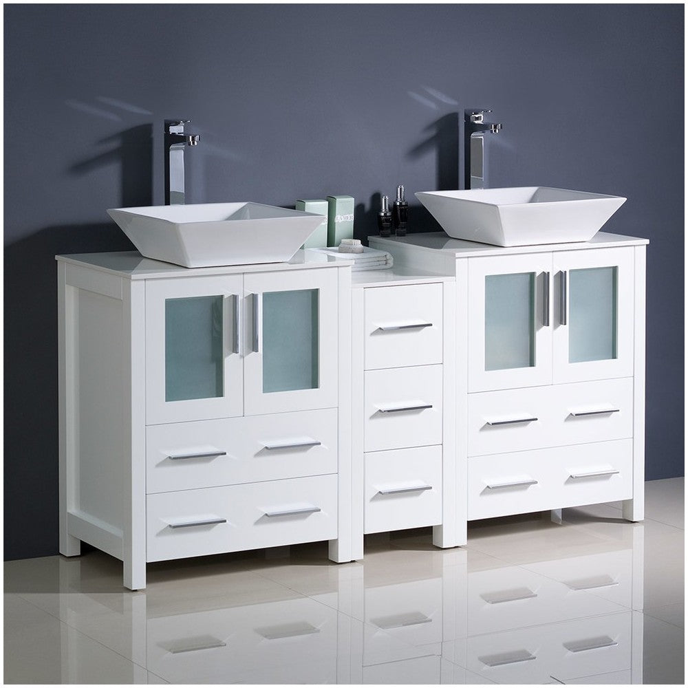 Torino 60" White Modern Double Sink Bathroom Cabinets w/ Tops & Vessel Sinks