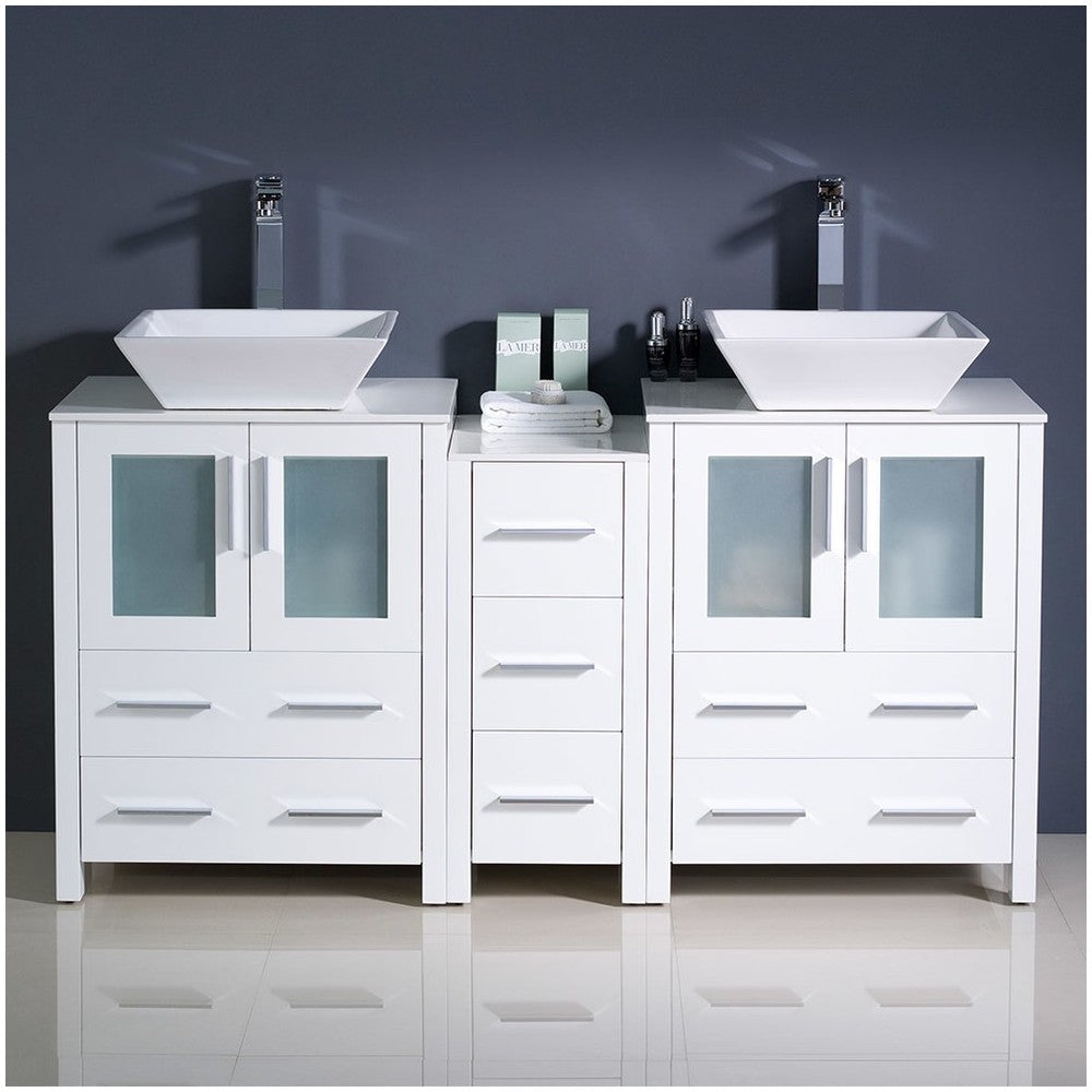 Torino 60" White Modern Double Sink Bathroom Cabinets w/ Tops & Vessel Sinks
