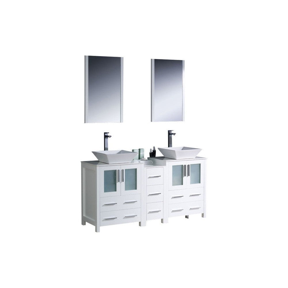 Torino 60 White Modern Double Sink Bathroom Vanity w/ Side Cabinet, Vessel Sinks