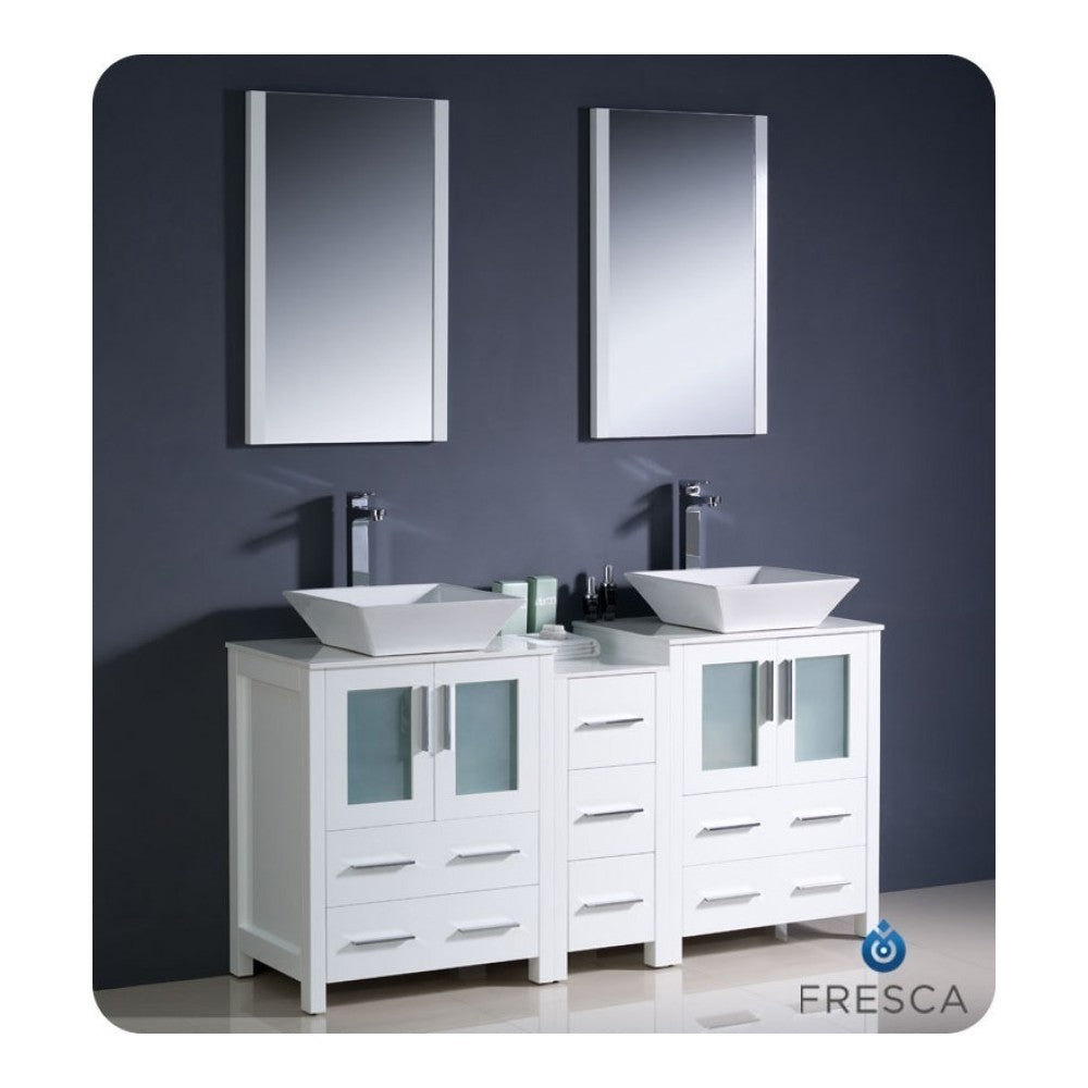 Torino 60 White Modern Double Sink Bathroom Vanity w/ Side Cabinet, Vessel Sinks