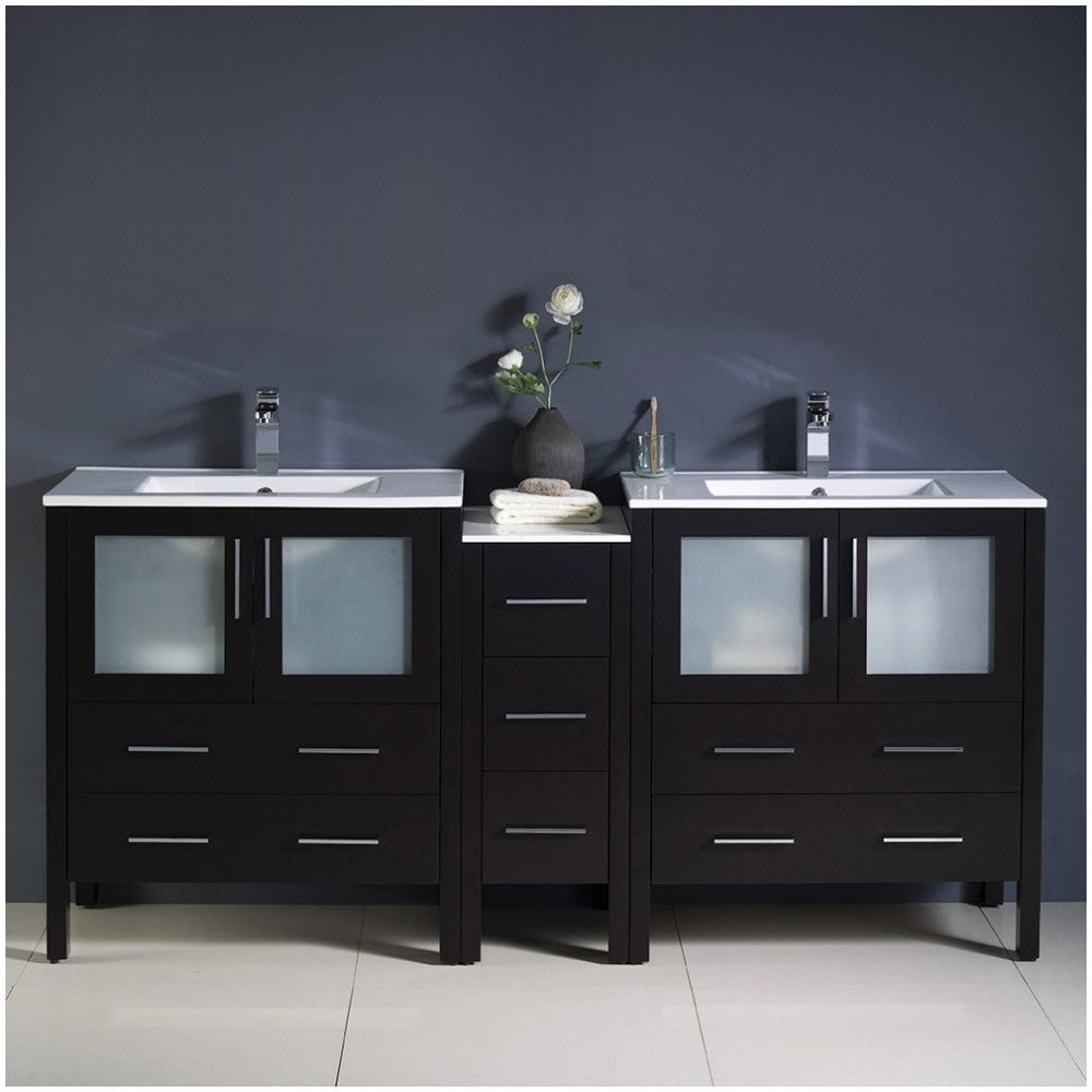 Torino 72" Espresso Modern Double Sink Bathroom Cabinets w/ Integrated Sinks