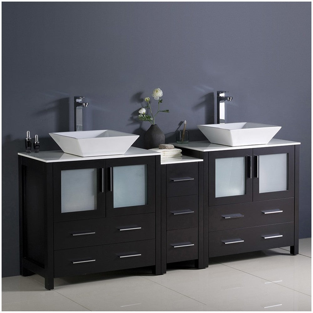 Torino 72" Espresso Modern Double Sink Bathroom Cabinets w/ Tops & Vessel Sinks