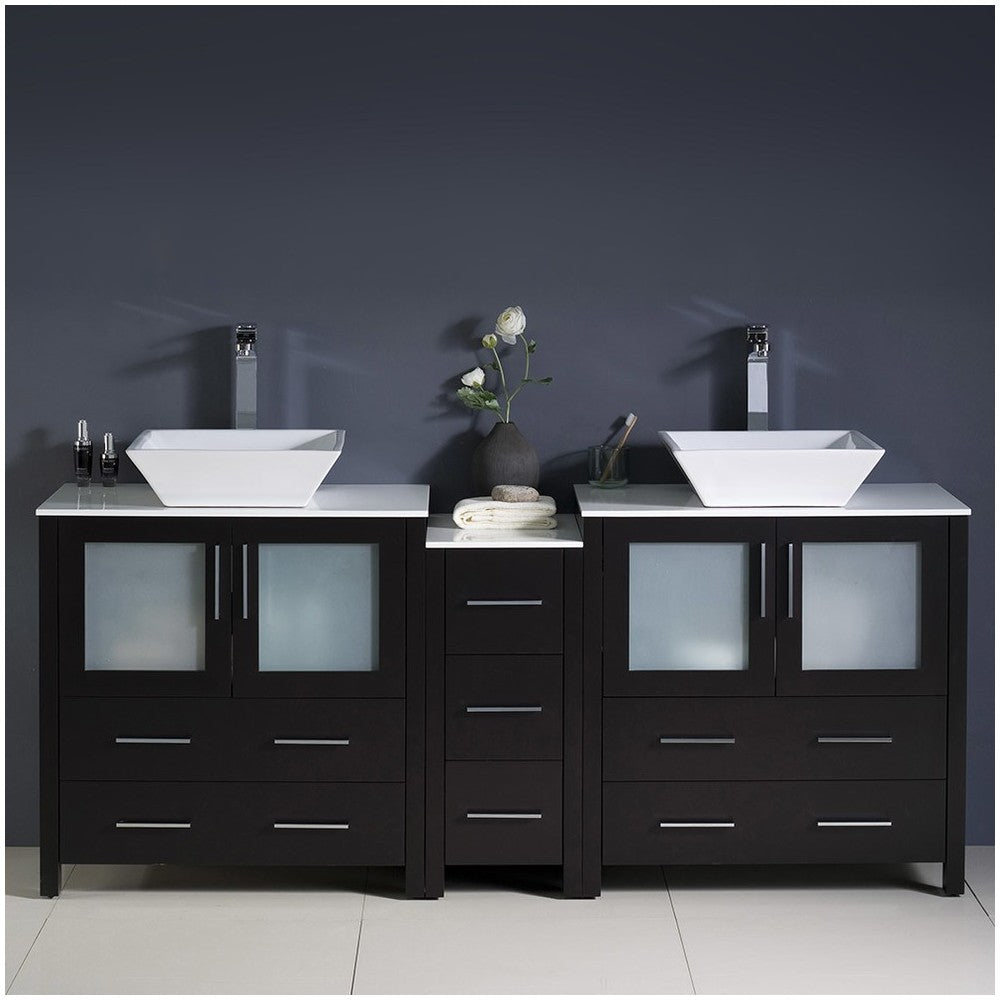 Torino 72" Espresso Modern Double Sink Bathroom Cabinets w/ Tops & Vessel Sinks