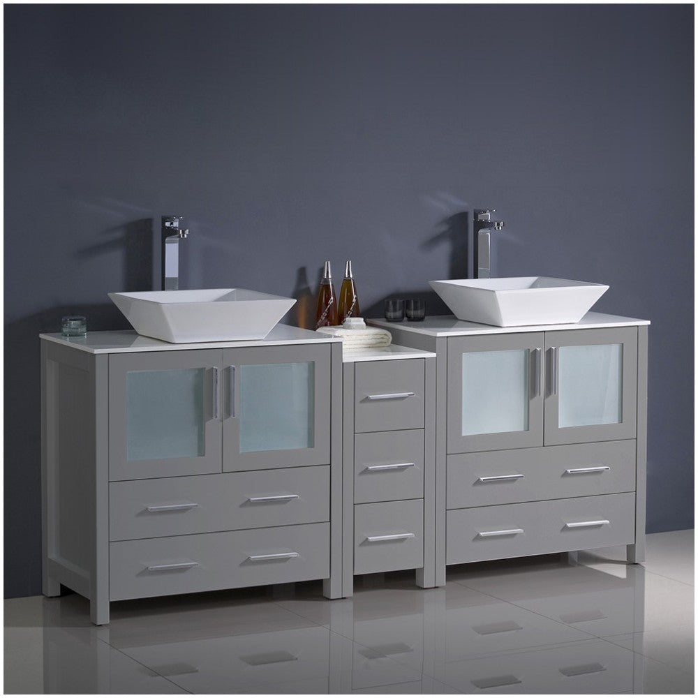 Torino 72" Gray Modern Double Sink Bathroom Cabinets w/ Tops & Vessel Sinks
