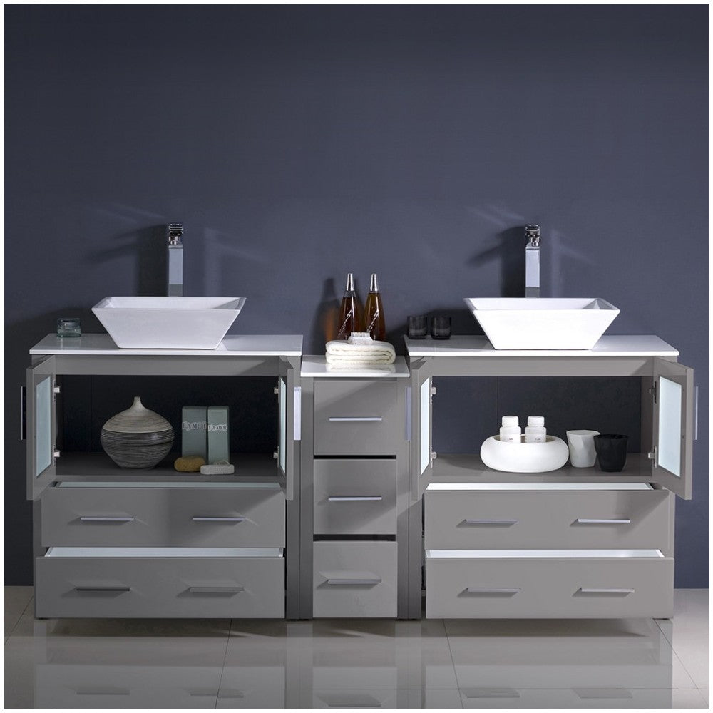 Torino 72" Gray Modern Double Sink Bathroom Cabinets w/ Tops & Vessel Sinks