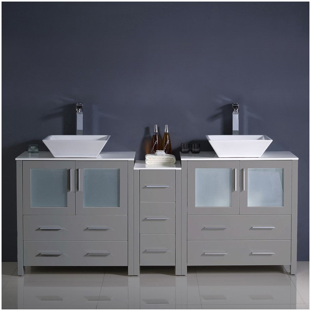 Torino 72" Gray Modern Double Sink Bathroom Cabinets w/ Tops & Vessel Sinks