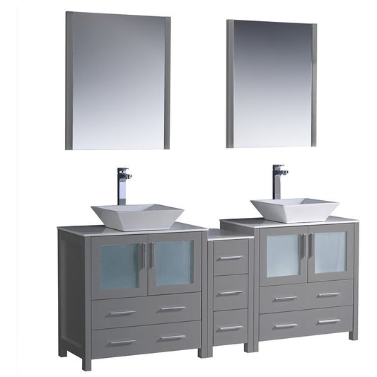 Torino 72 Gray Modern Double Sink Bathroom Vanity w/ Side Cabinet & Vessel Sinks