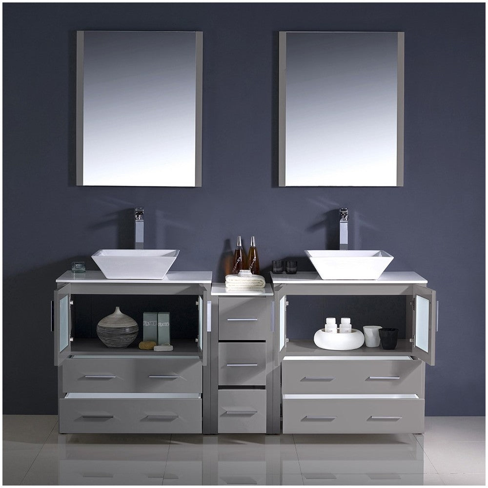 Torino 72 Gray Modern Double Sink Bathroom Vanity w/ Side Cabinet & Vessel Sinks