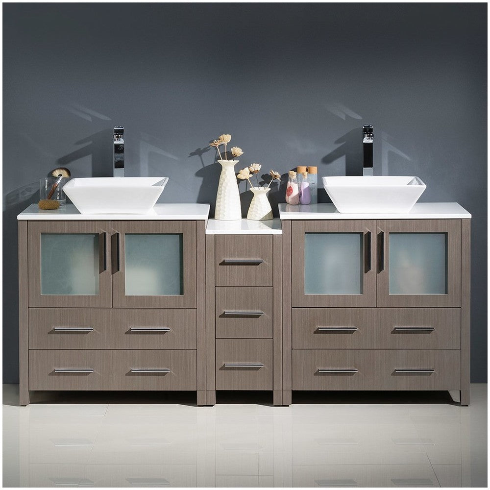Torino 72" Gray Oak Modern Double Sink Bathroom Cabinets w/ Tops & Vessel Sinks