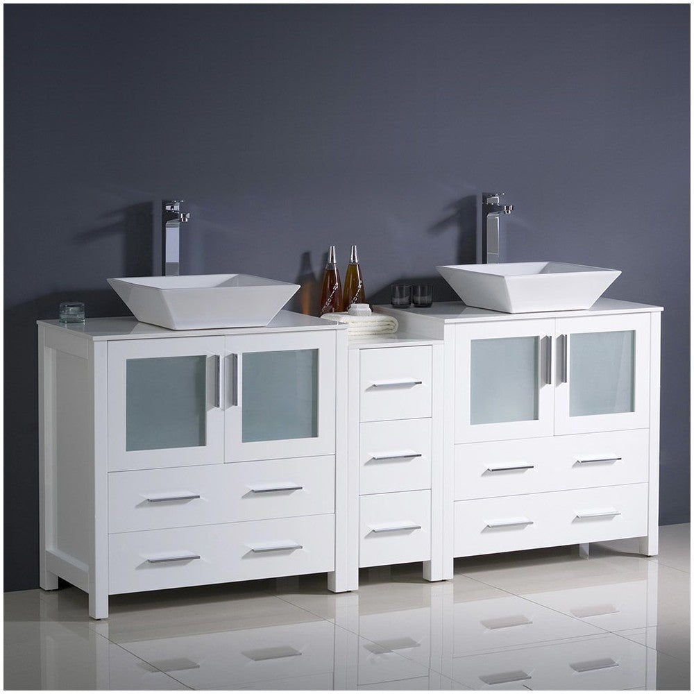 Torino 72" White Modern Double Sink Bathroom Cabinets w/ Tops & Vessel Sinks