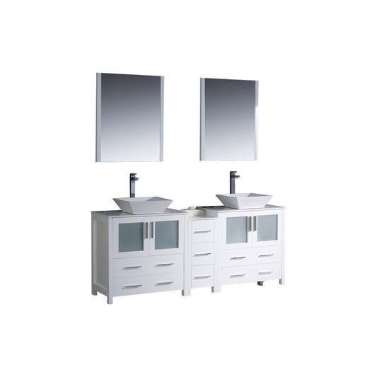 Torino 72 White Modern Double Sink Bathroom Vanity w/ Side Cabinet, Vessel Sinks