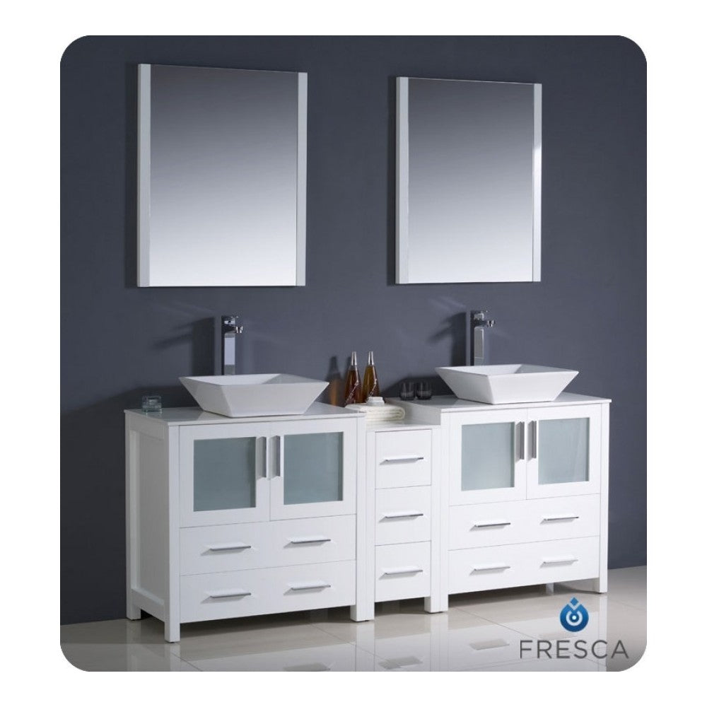 Torino 72 White Modern Double Sink Bathroom Vanity w/ Side Cabinet, Vessel Sinks