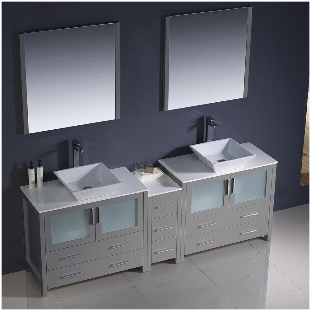 Torino 84 Gray Modern Double Sink Bathroom Vanity w/ Side Cabinet & Vessel Sinks