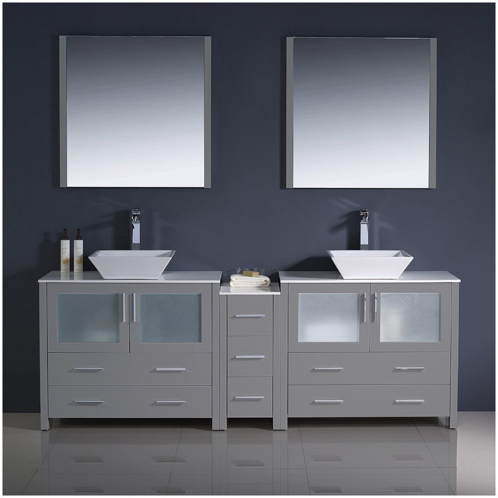 Torino 84 Gray Modern Double Sink Bathroom Vanity w/ Side Cabinet & Vessel Sinks