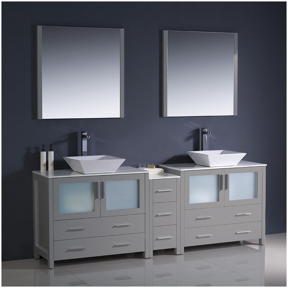 Torino 84 Gray Modern Double Sink Bathroom Vanity w/ Side Cabinet & Vessel Sinks