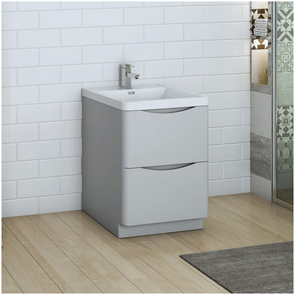 Tuscany 24" Glossy Gray Free Standing Modern Bathroom Cabinet w/ Integrated Sink