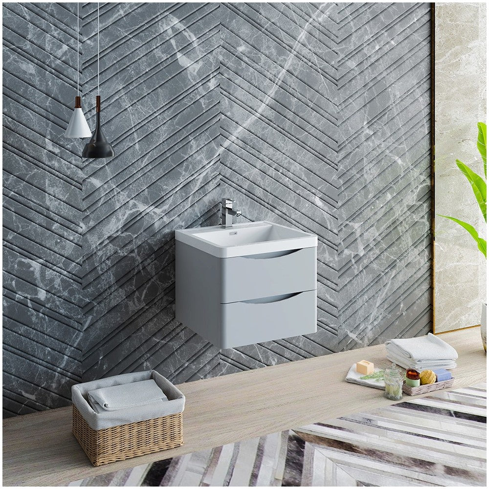 Tuscany 24" Glossy Gray Wall Hung Modern Bathroom Cabinet w/ Integrated Sink