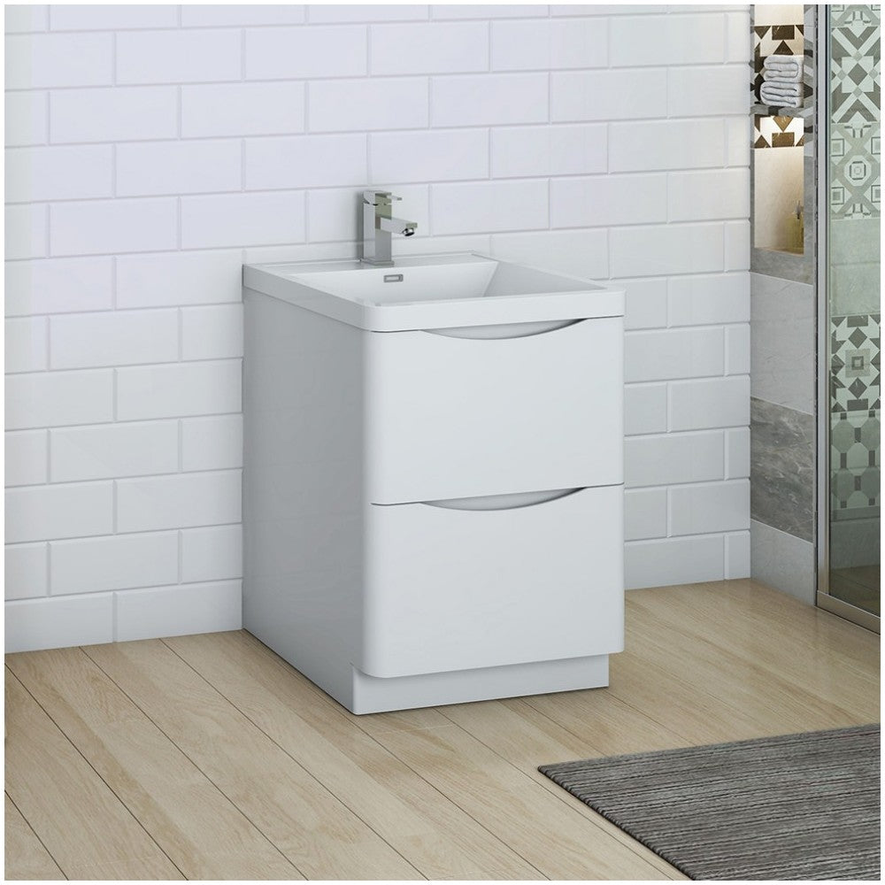 Tuscany 24 Glossy White Free Standing Modern Bathroom Cabinet w/ Integrated Sink