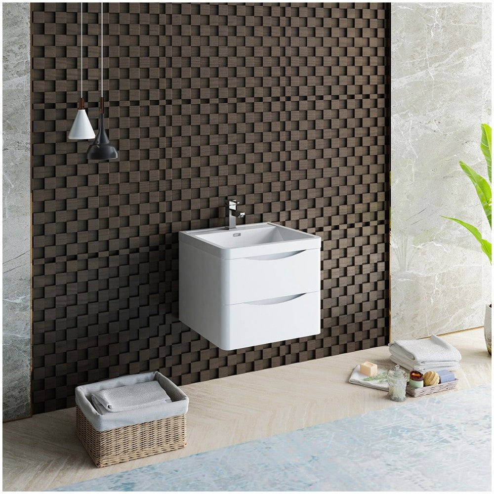 Tuscany 24" Glossy White Wall Hung Modern Bathroom Cabinet w/ Integrated Sink