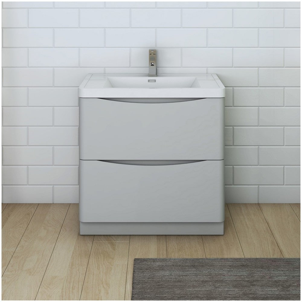 Tuscany 32" Glossy Gray Free Standing Modern Bathroom Cabinet w/ Integrated Sink