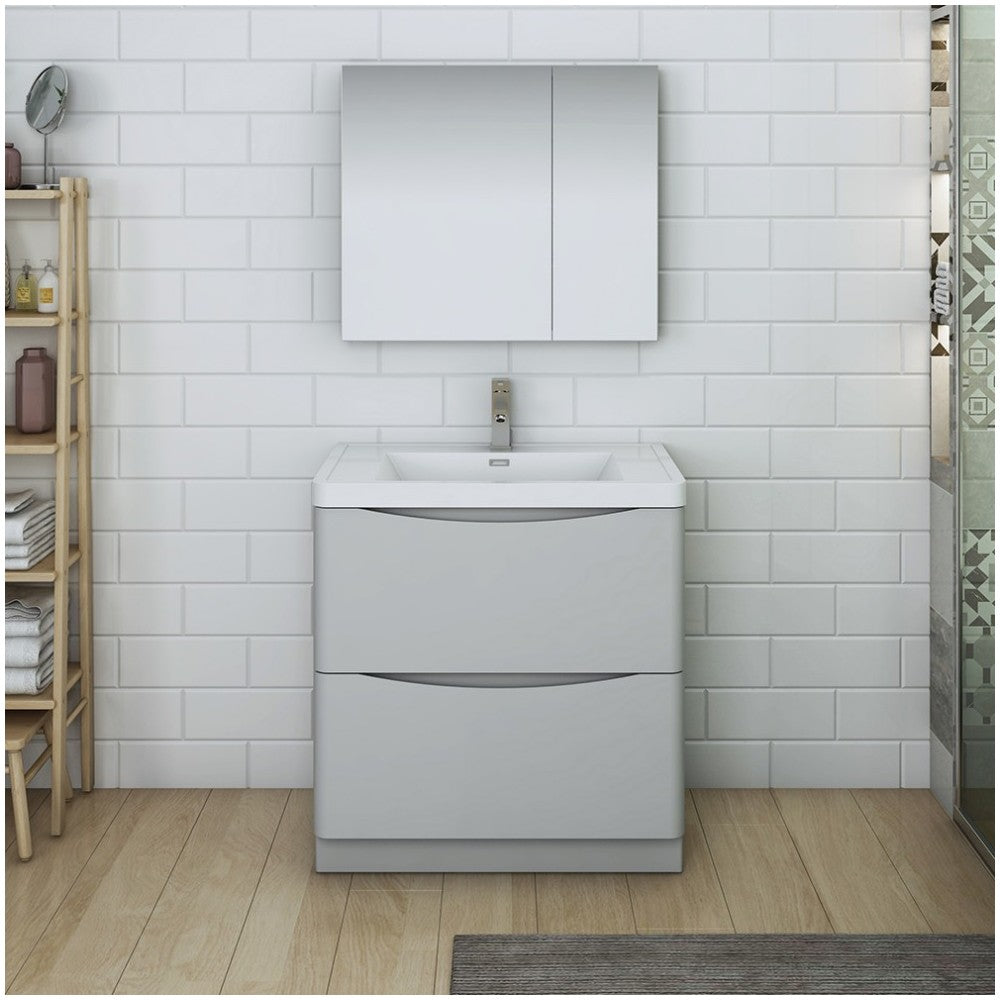 Tuscany 32" Glossy Gray Free Standing Modern Bathroom Vanity w/ Medicine Cabinet