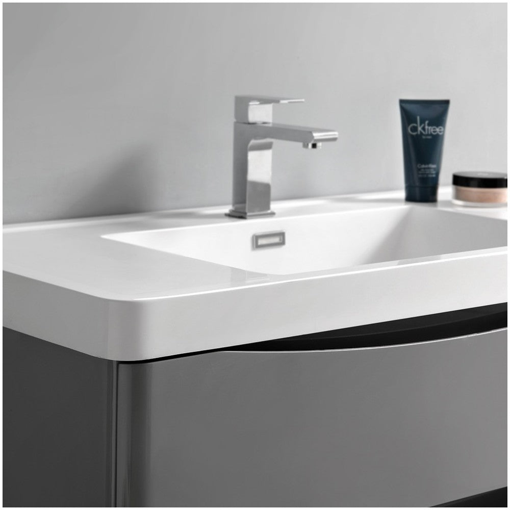 Tuscany 32" Glossy Gray Wall Hung Modern Bathroom Cabinet w/ Integrated Sink