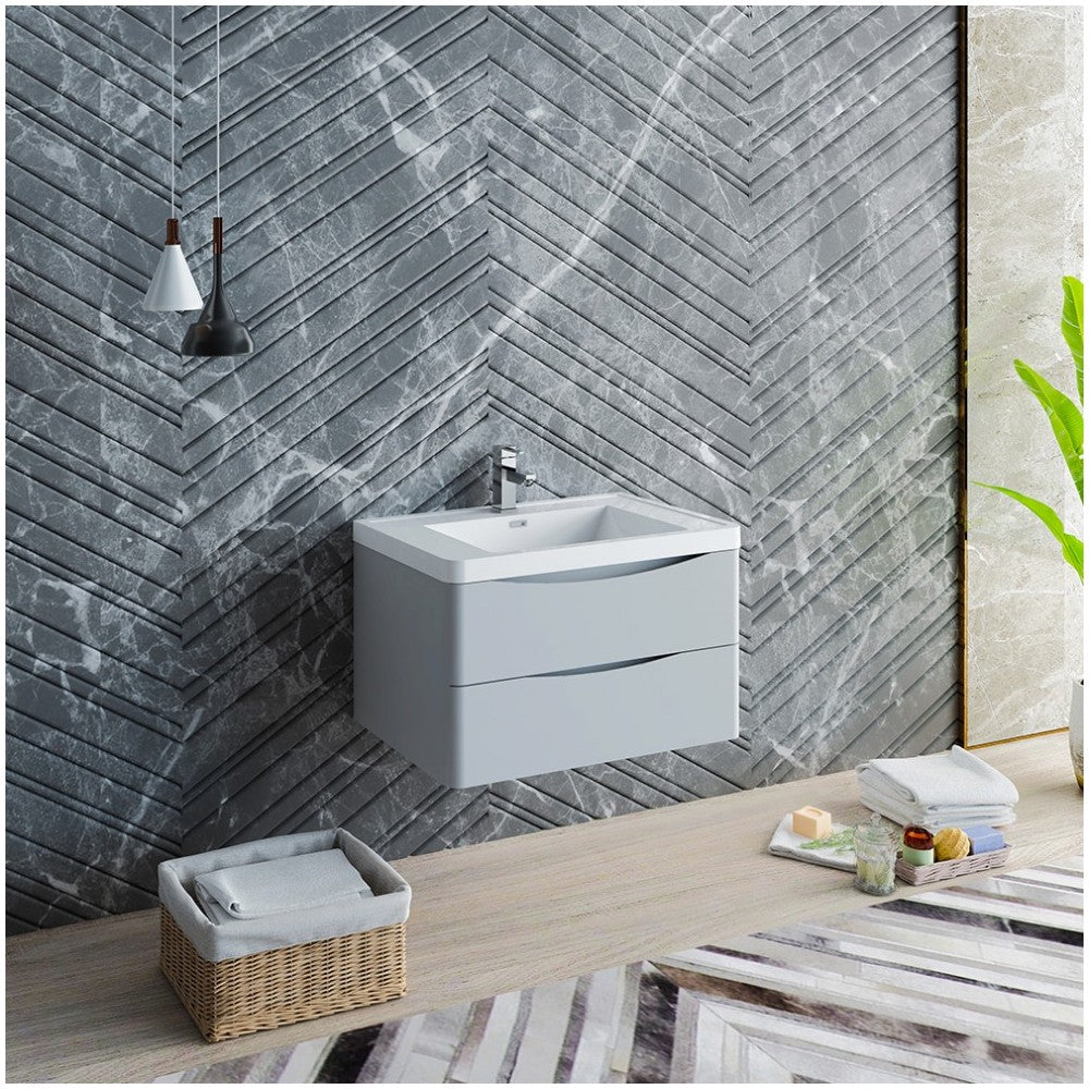 Tuscany 32" Glossy Gray Wall Hung Modern Bathroom Cabinet w/ Integrated Sink