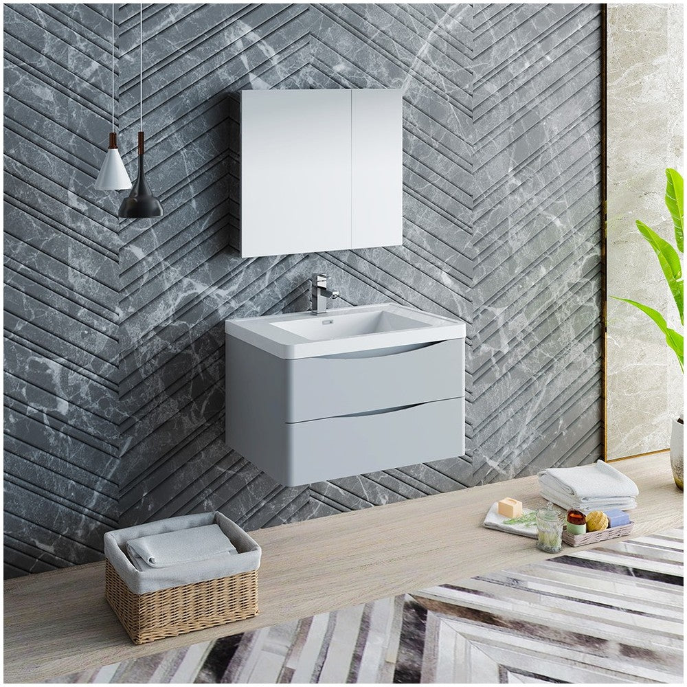 Tuscany 32" Glossy Gray Wall Hung Modern Bathroom Vanity w/ Medicine Cabinet