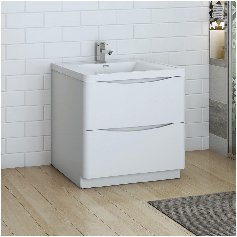 Tuscany 32 Glossy White Free Standing Modern Bathroom Cabinet w/ Integrated Sink