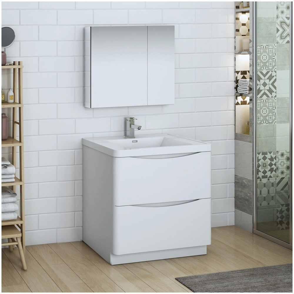 Tuscany 32 Glossy White Free Standing Modern Bathroom Vanity w/ Medicine Cabinet