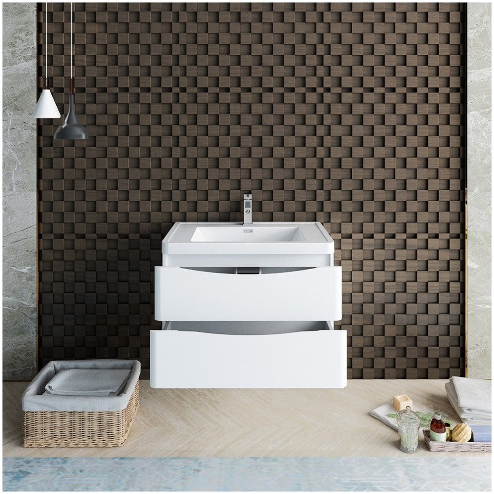 Tuscany 32" Glossy White Wall Hung Modern Bathroom Cabinet w/ Integrated Sink