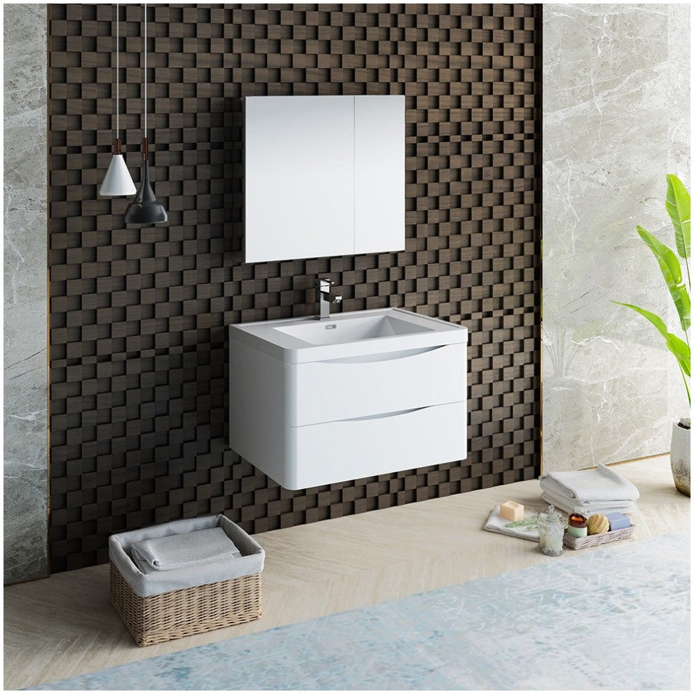 Tuscany 32" Glossy White Wall Hung Modern Bathroom Vanity w/ Medicine Cabinet