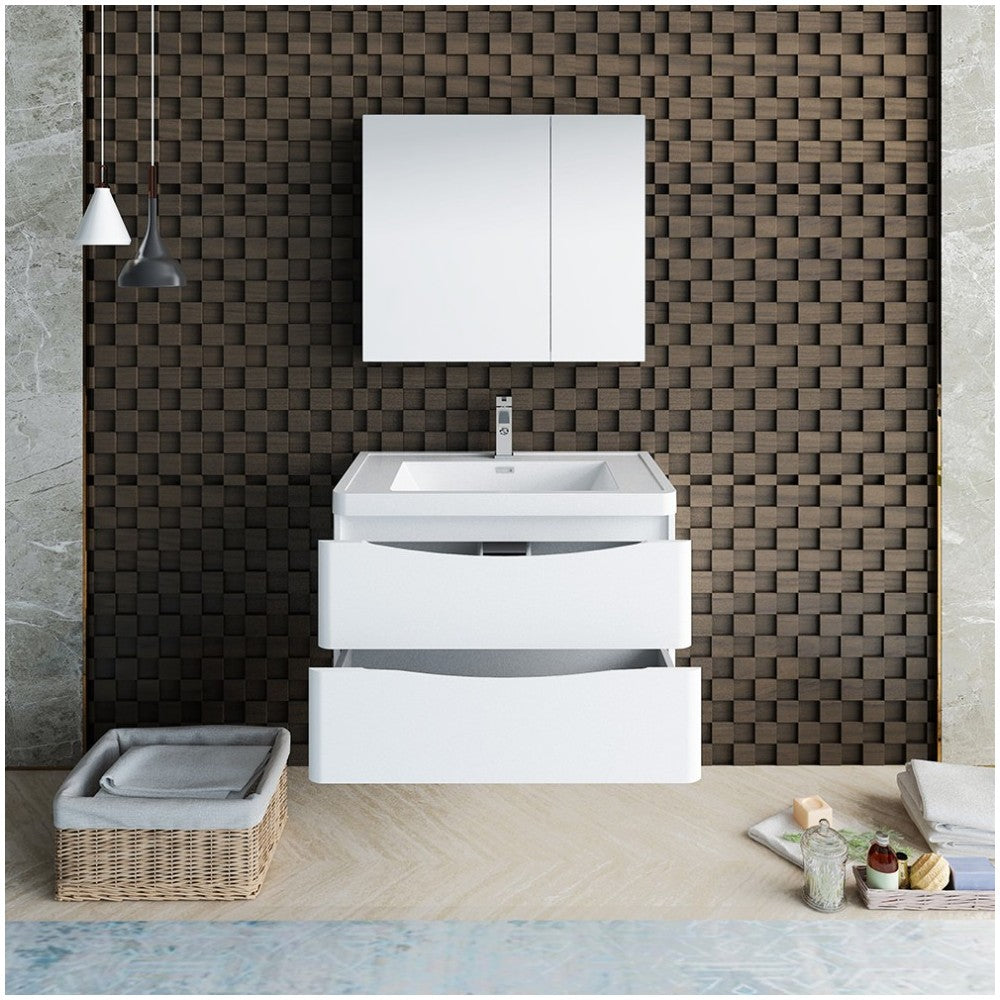 Tuscany 32" Glossy White Wall Hung Modern Bathroom Vanity w/ Medicine Cabinet