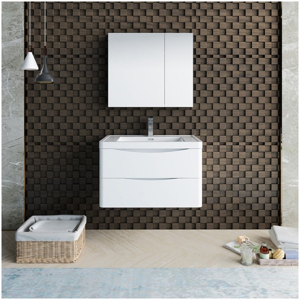 Tuscany 32" Glossy White Wall Hung Modern Bathroom Vanity w/ Medicine Cabinet