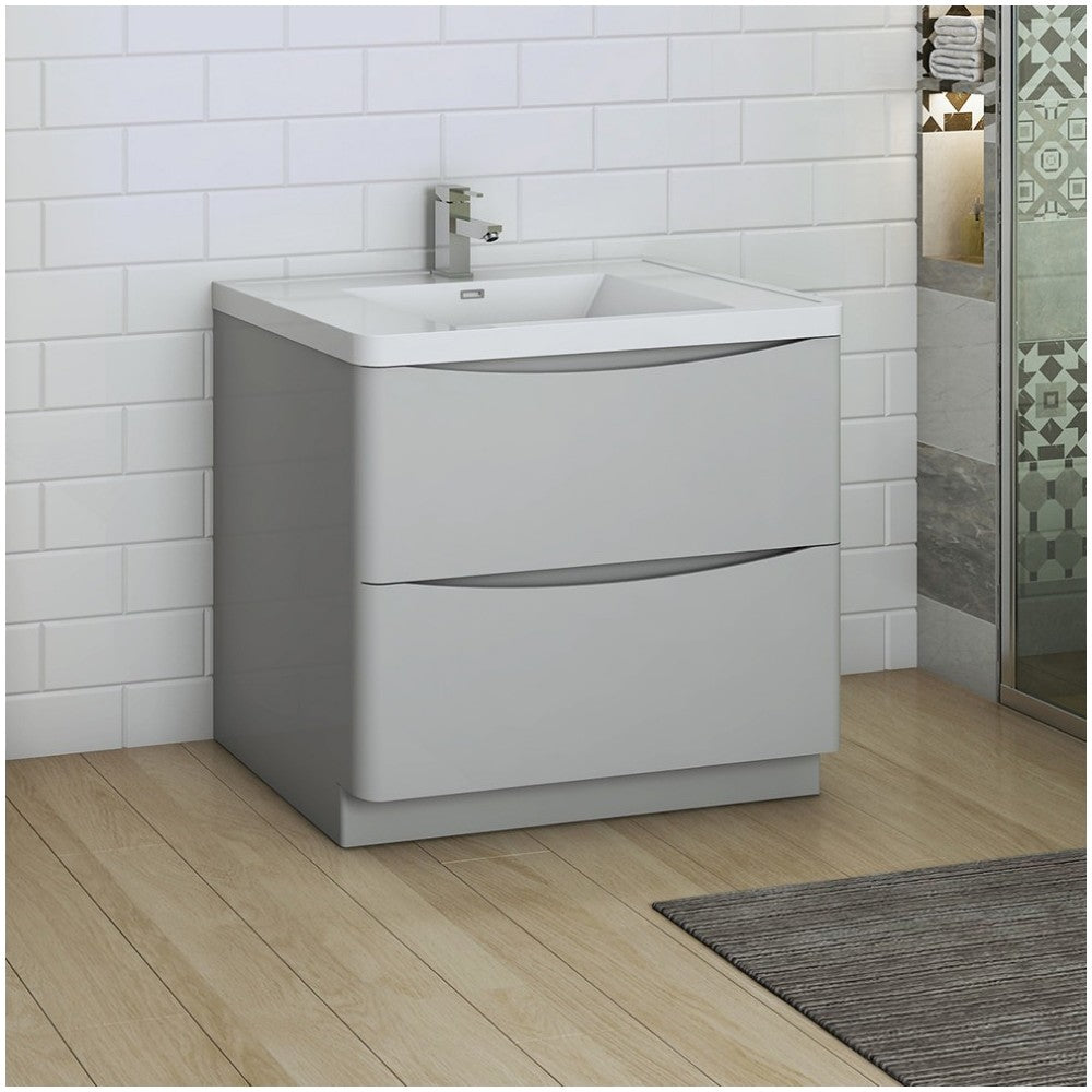 Tuscany 36" Glossy Gray Free Standing Modern Bathroom Cabinet w/ Integrated Sink