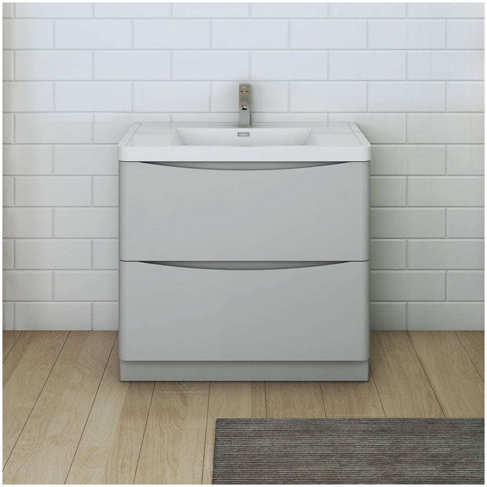 Tuscany 36" Glossy Gray Free Standing Modern Bathroom Cabinet w/ Integrated Sink