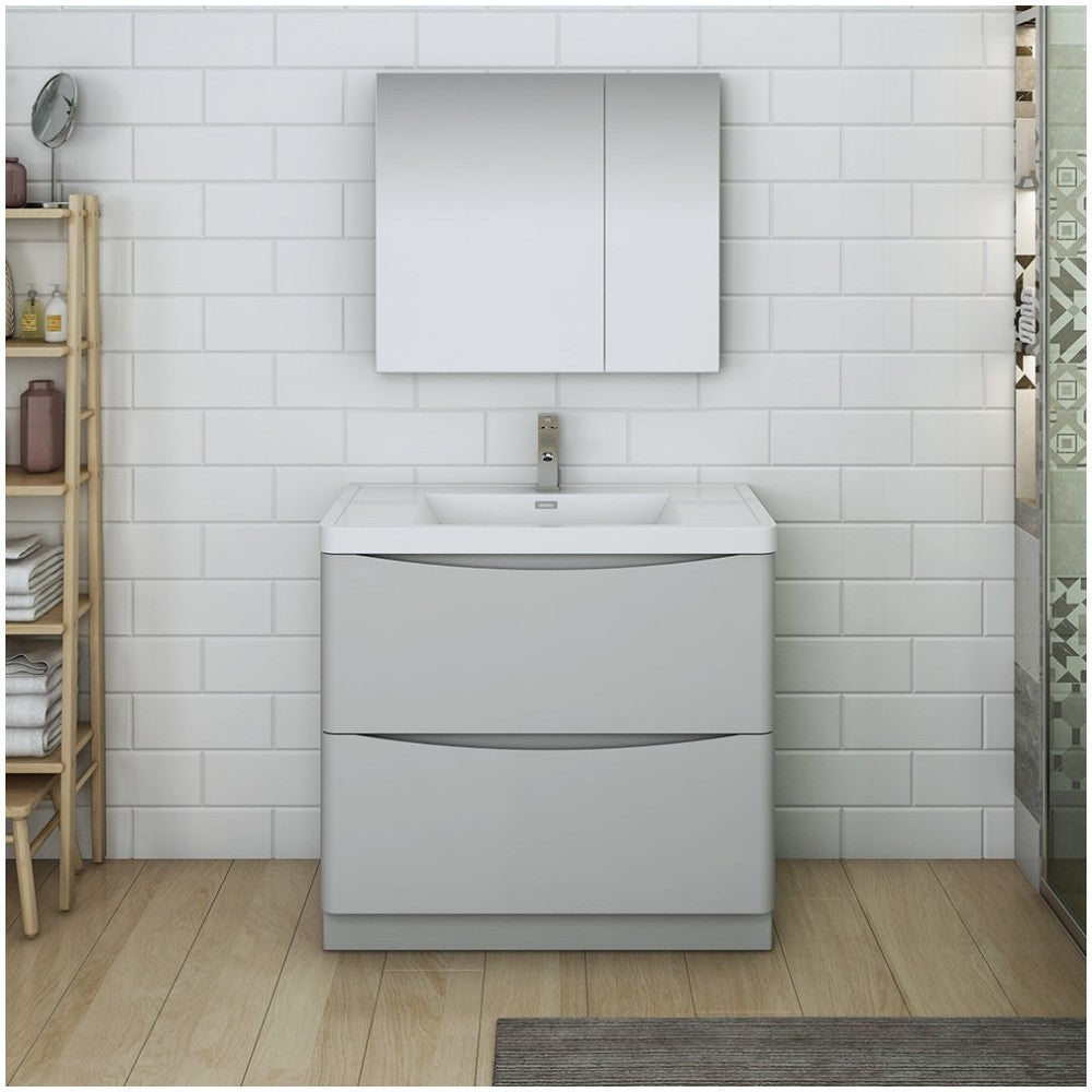 Tuscany 36" Glossy Gray Free Standing Modern Bathroom Vanity w/ Medicine Cabinet