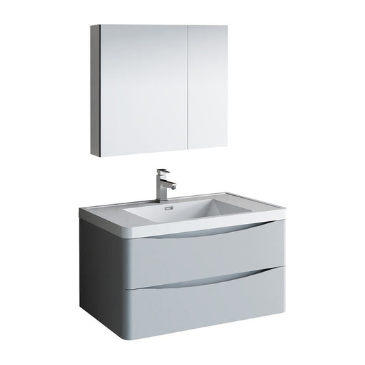 Tuscany 36" Glossy Gray Wall Hung Modern Bathroom Vanity w/ Medicine Cabinet