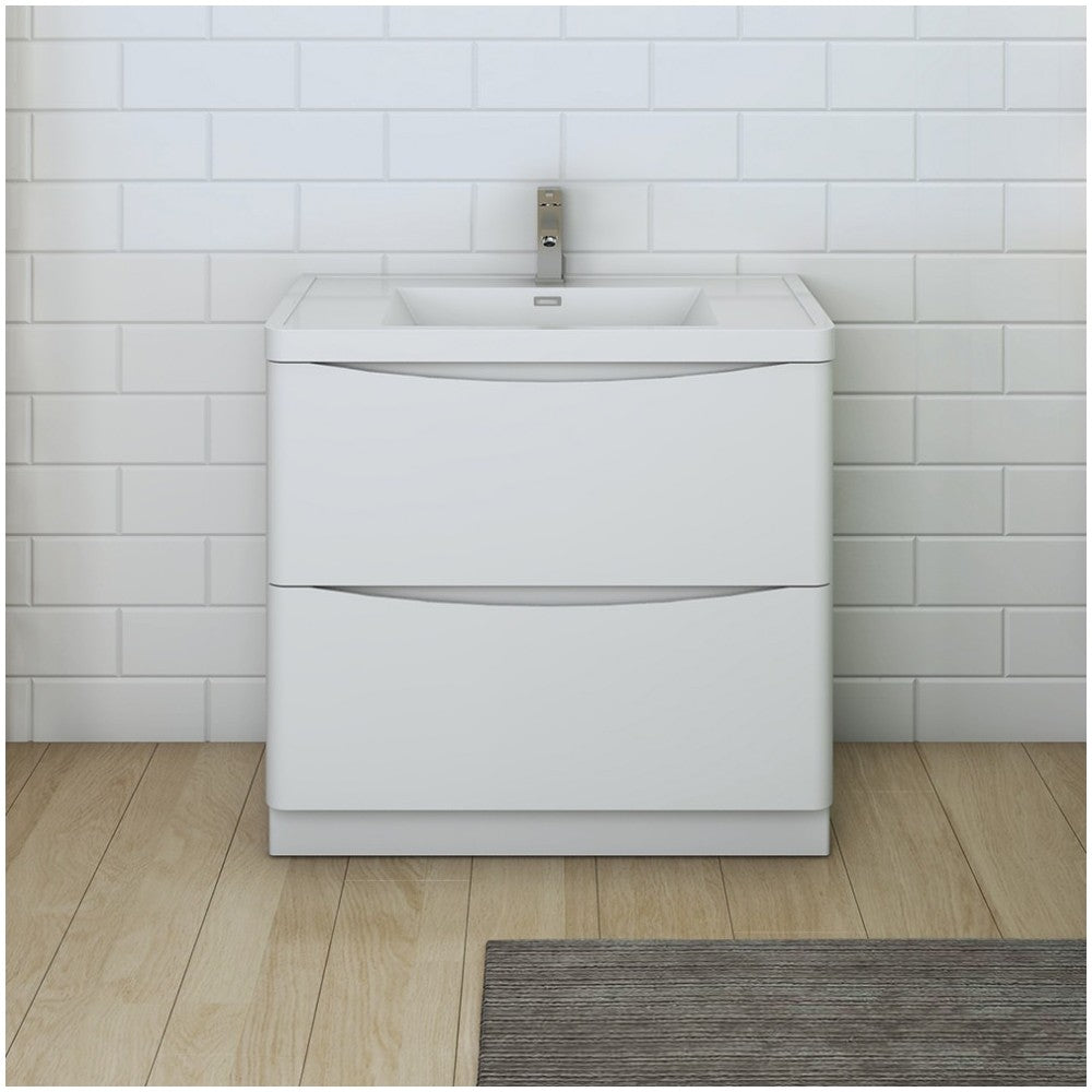 Tuscany 36 Glossy White Free Standing Modern Bathroom Cabinet w/ Integrated Sink