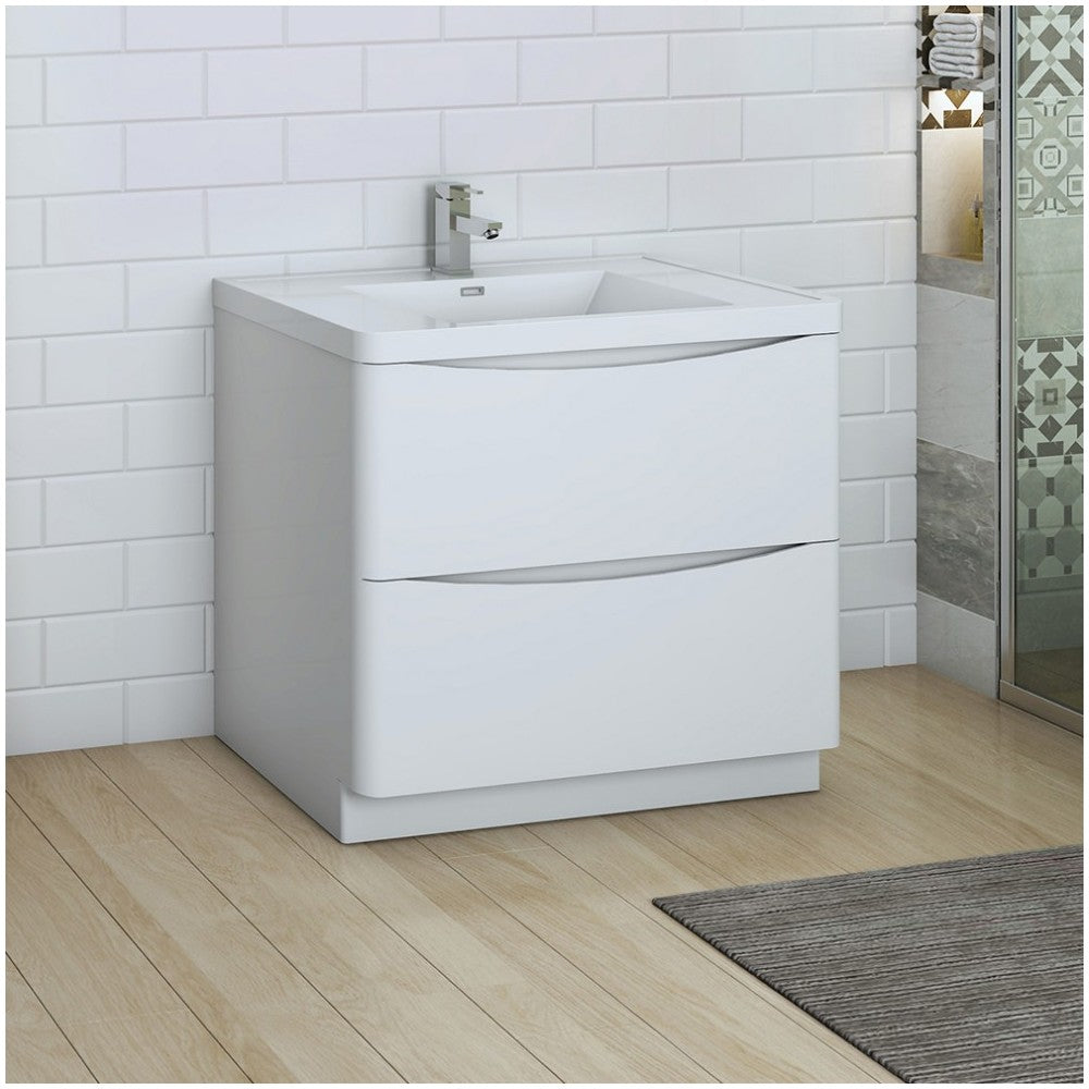 Tuscany 36 Glossy White Free Standing Modern Bathroom Cabinet w/ Integrated Sink