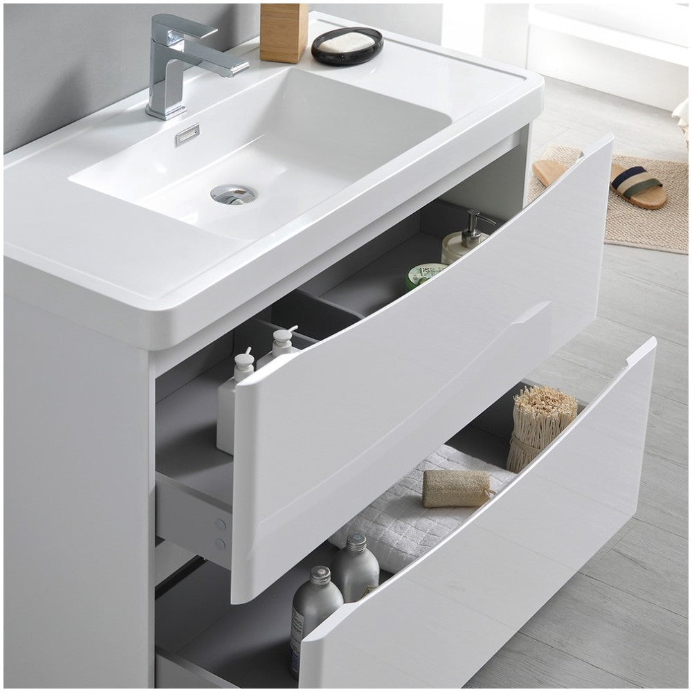 Tuscany 36 Glossy White Free Standing Modern Bathroom Cabinet w/ Integrated Sink