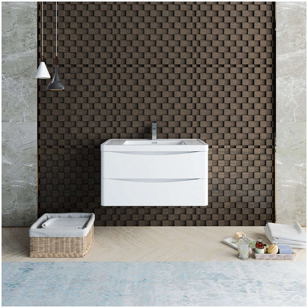 Tuscany 36" Glossy White Wall Hung Modern Bathroom Cabinet w/ Integrated Sink