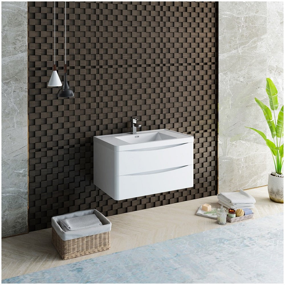 Tuscany 36" Glossy White Wall Hung Modern Bathroom Cabinet w/ Integrated Sink