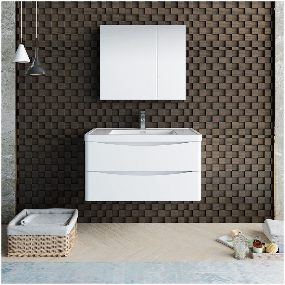 Tuscany 36" Glossy White Wall Hung Modern Bathroom Vanity w/ Medicine Cabinet