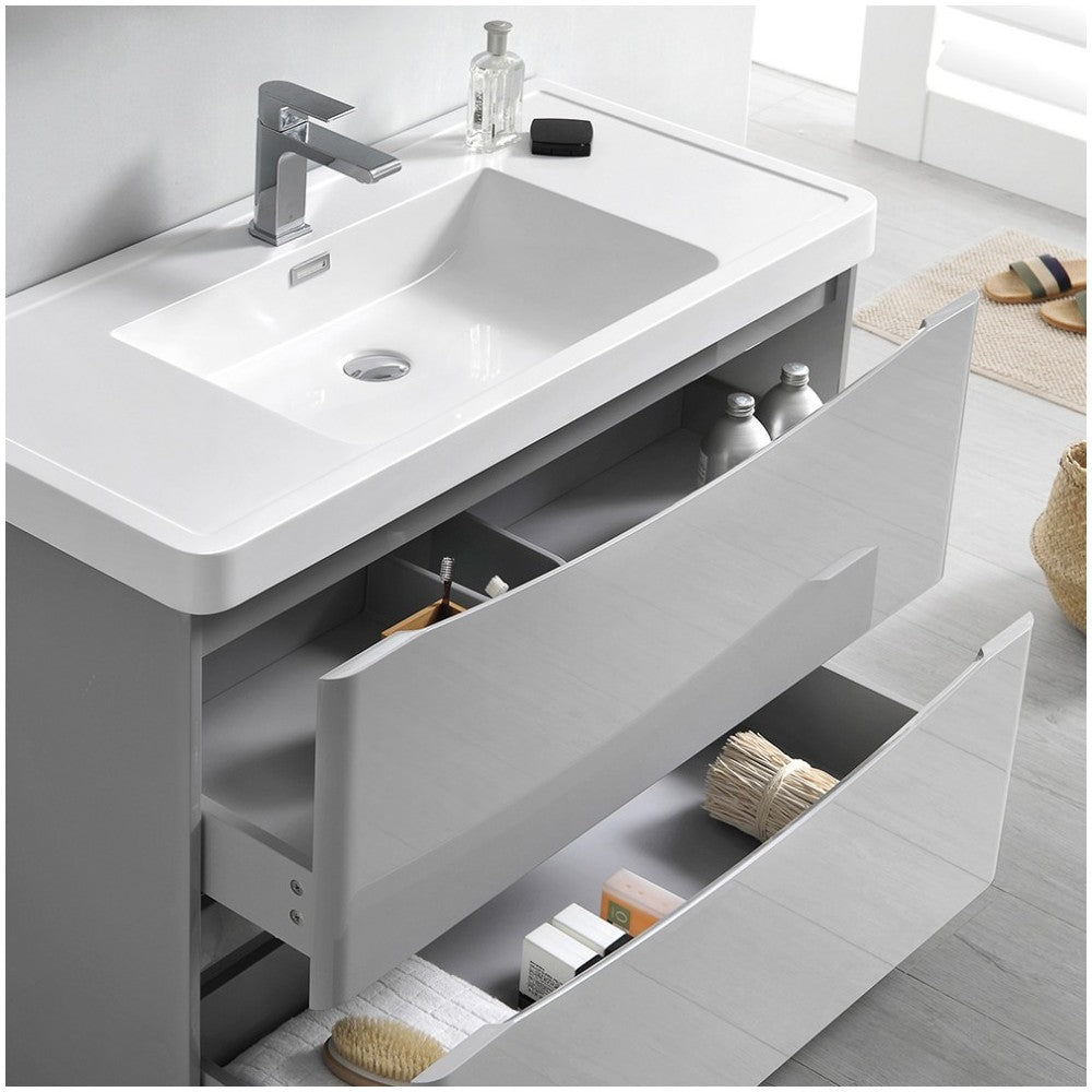 Tuscany 40" Glossy Gray Free Standing Modern Bathroom Cabinet w/ Integrated Sink