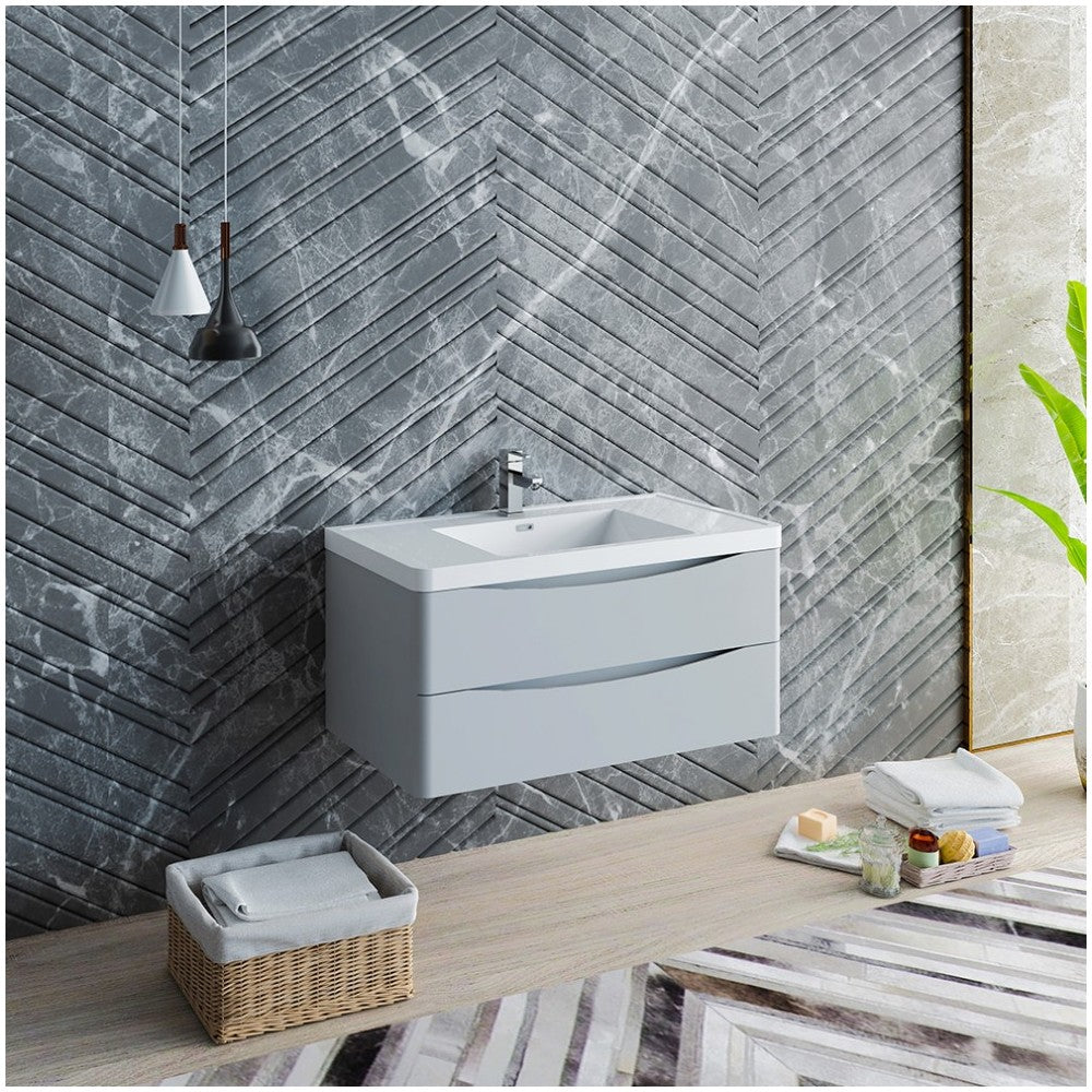 Tuscany 40" Glossy Gray Wall Hung Modern Bathroom Cabinet w/ Integrated Sink