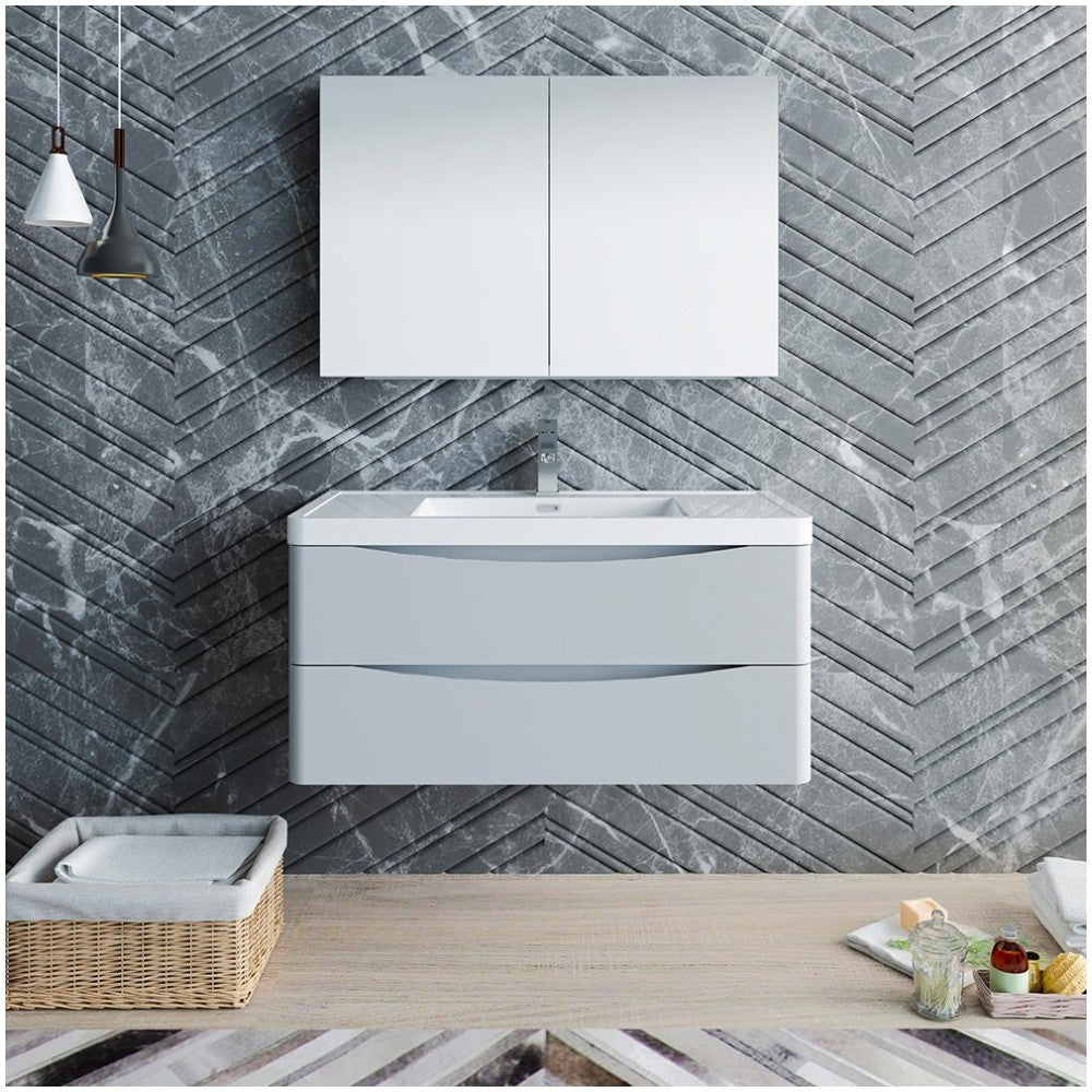 Tuscany 40" Glossy Gray Wall Hung Modern Bathroom Vanity w/ Medicine Cabinet