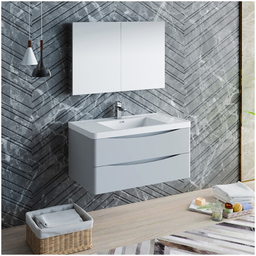 Tuscany 40" Glossy Gray Wall Hung Modern Bathroom Vanity w/ Medicine Cabinet